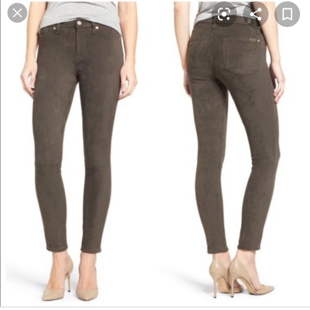 Olive faux suede skinny pants. 7 for all Mankind.